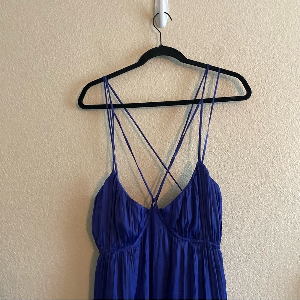 Anthropologie Halter Side Slit Maxi Dress Satin Double Slit in Blue Womens Large - Picture 3 of 10